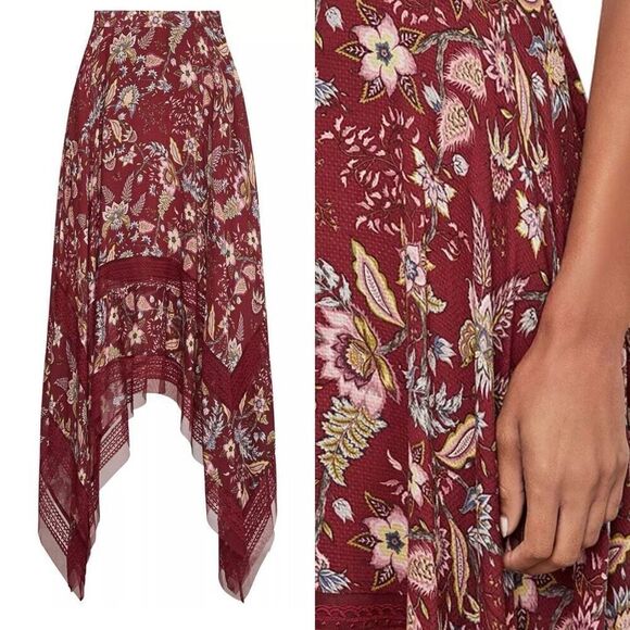 BCBGMAXAZRIA Floral Handkerchief-Hem Skirt Deep Red Size S - Picture 4 of 12